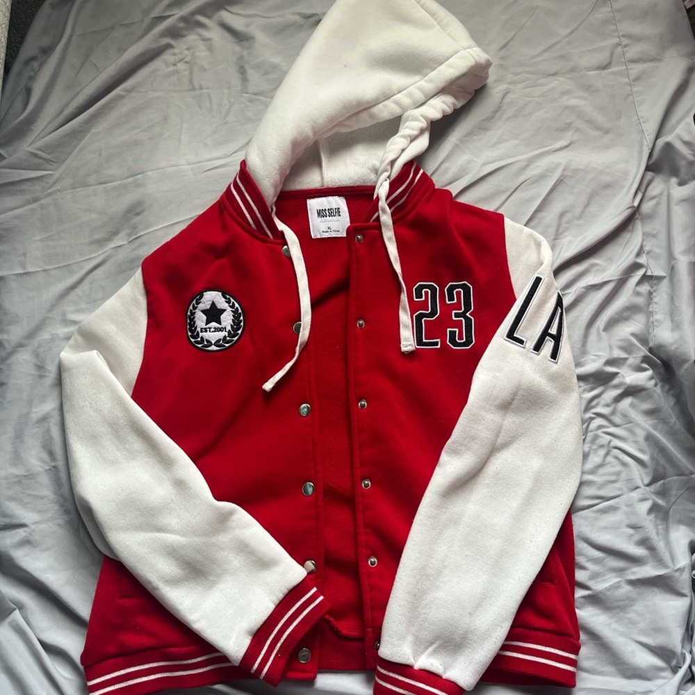 Red and White Varsity Jacket with Hood